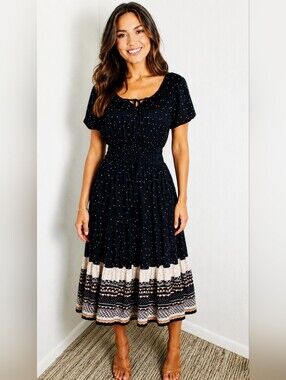 J Gee Black & Cream Polka-Dot Boho Midi Dress w/Cream & Brown Border, Sz Small